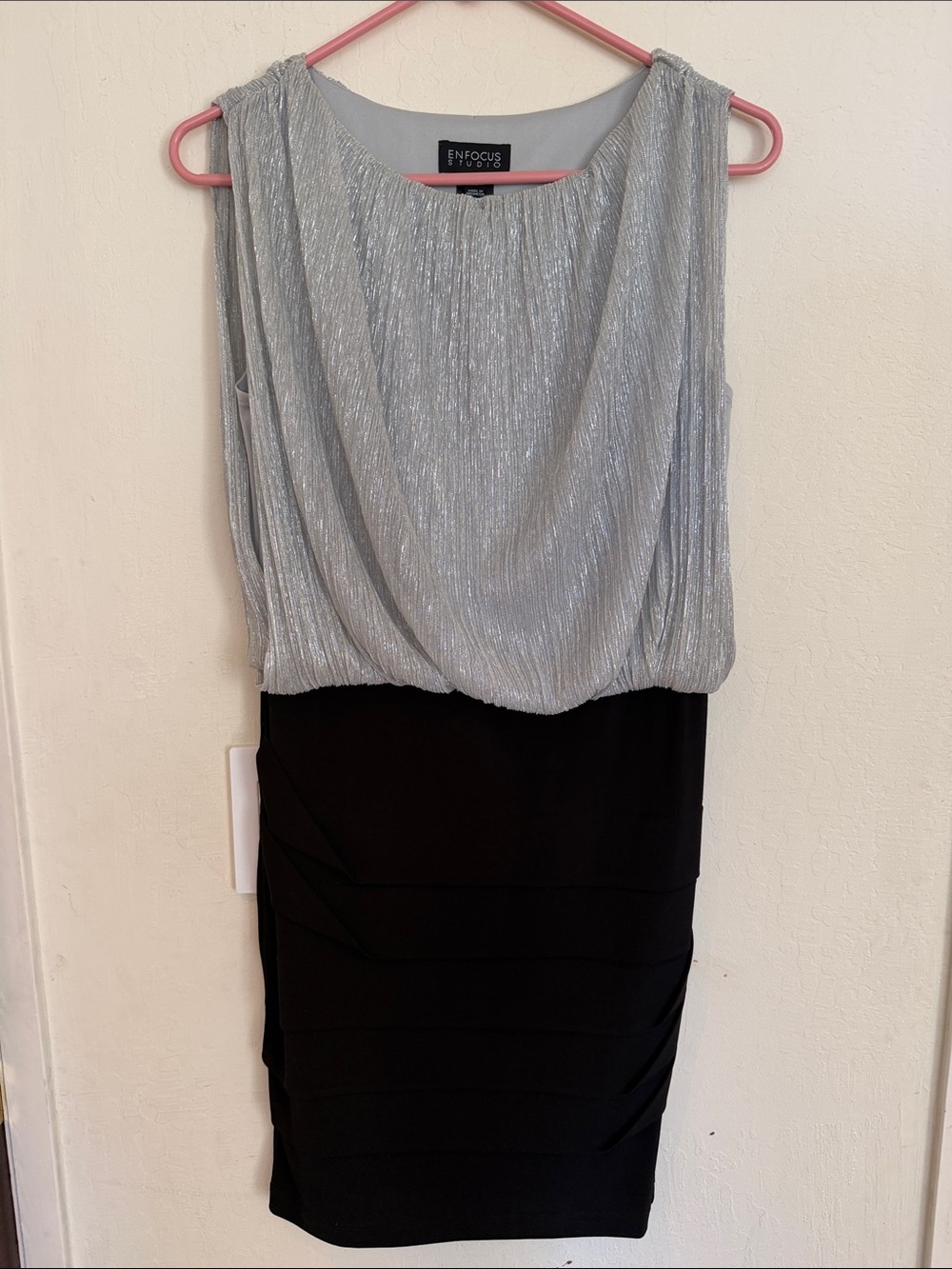 Enfocus Studio Silver Top with Black Pencil Midi Dress